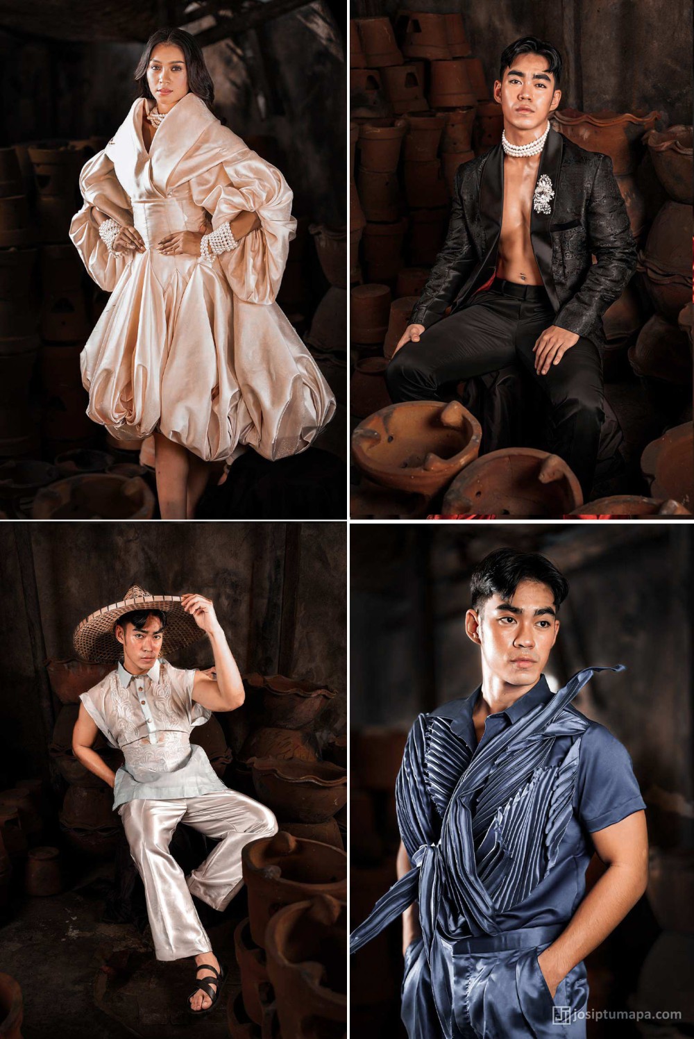Filipiniana-inspired couture looks featuring sculptural sleeves, tailored menswear, and modern silhouettes from a Philippine fashion collection