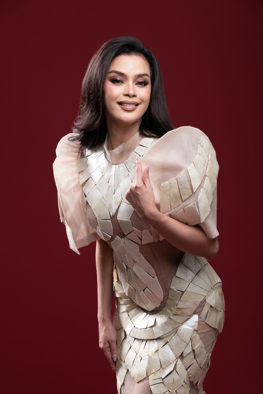 modern Filipiniana close-up with layered ivory panels on sheer fitted base