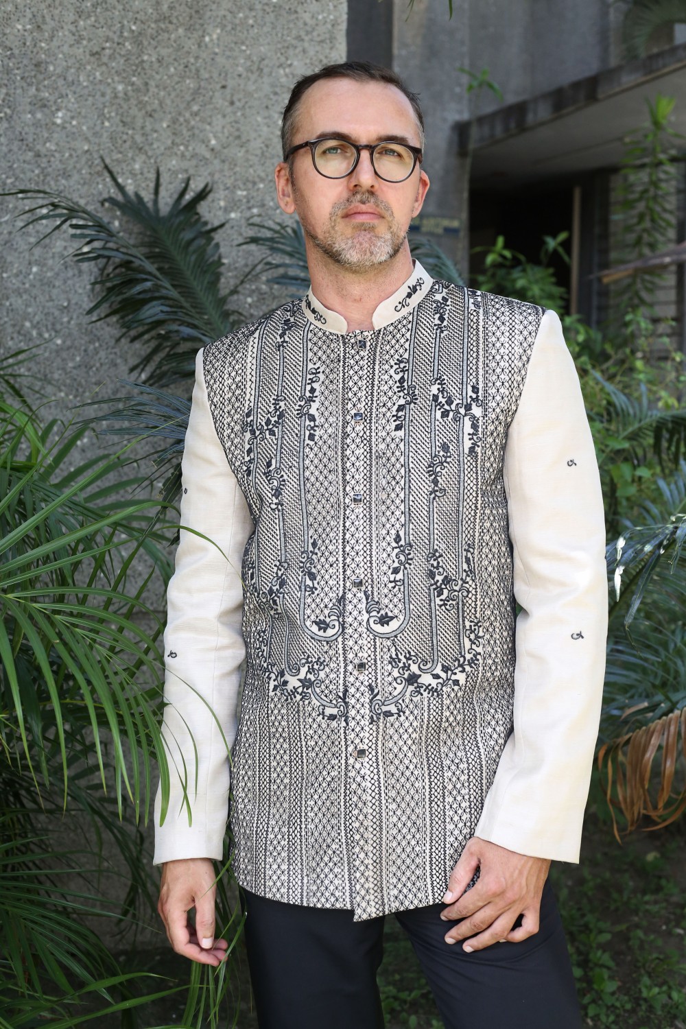 Full custom Calado Barong Tagalog in Pi&ntilde;a Cocoon Silk with hand-made black ornament and pure pi&ntilde;a fiber