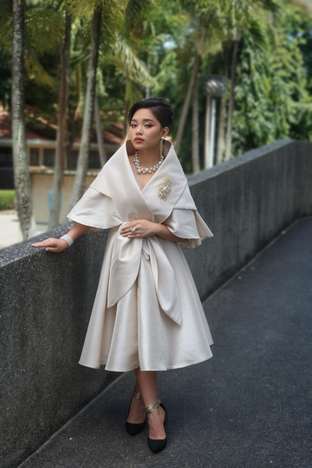 Custom Filipiniana dress by Josip Tumapa Design with cape collar, soft sleeve volume, and short flared skirt