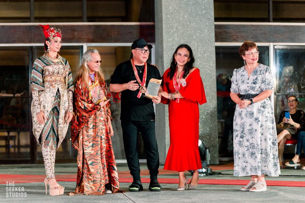 Designers Amir Sali, Tingting Delfin, and Josip Tumapa with Silliman University President Dr. Betty Cernol-McCann during the To the Golden Age fashion show in Dumaguete