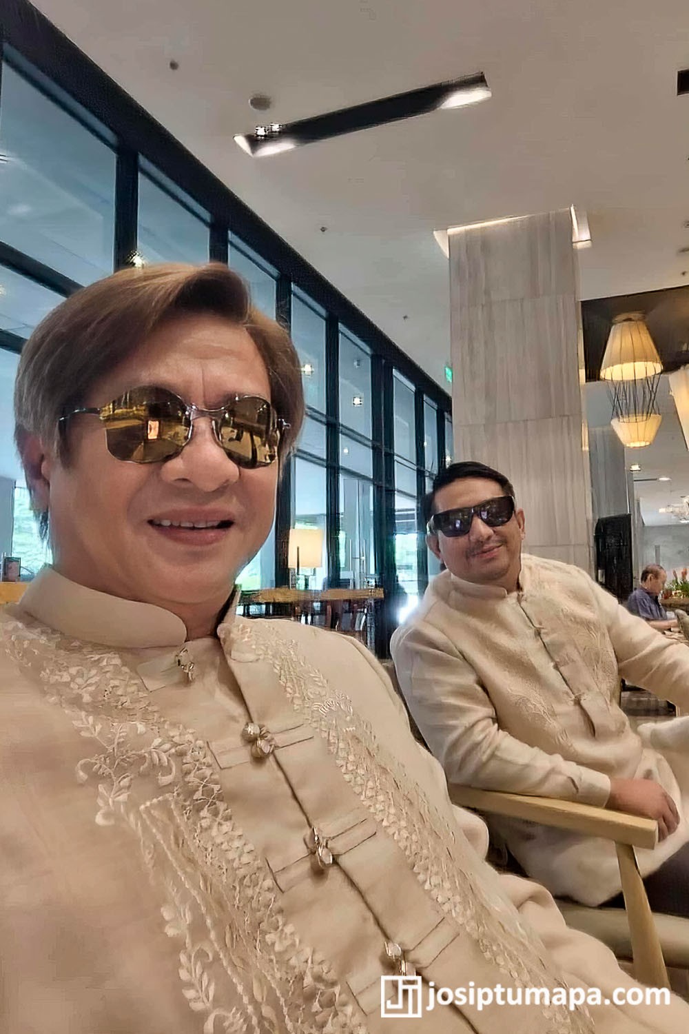 Two men wearing hand-embroidered Barong Tagalog by Josip Tumapa Design at the Philippine Senate during SONA 2025