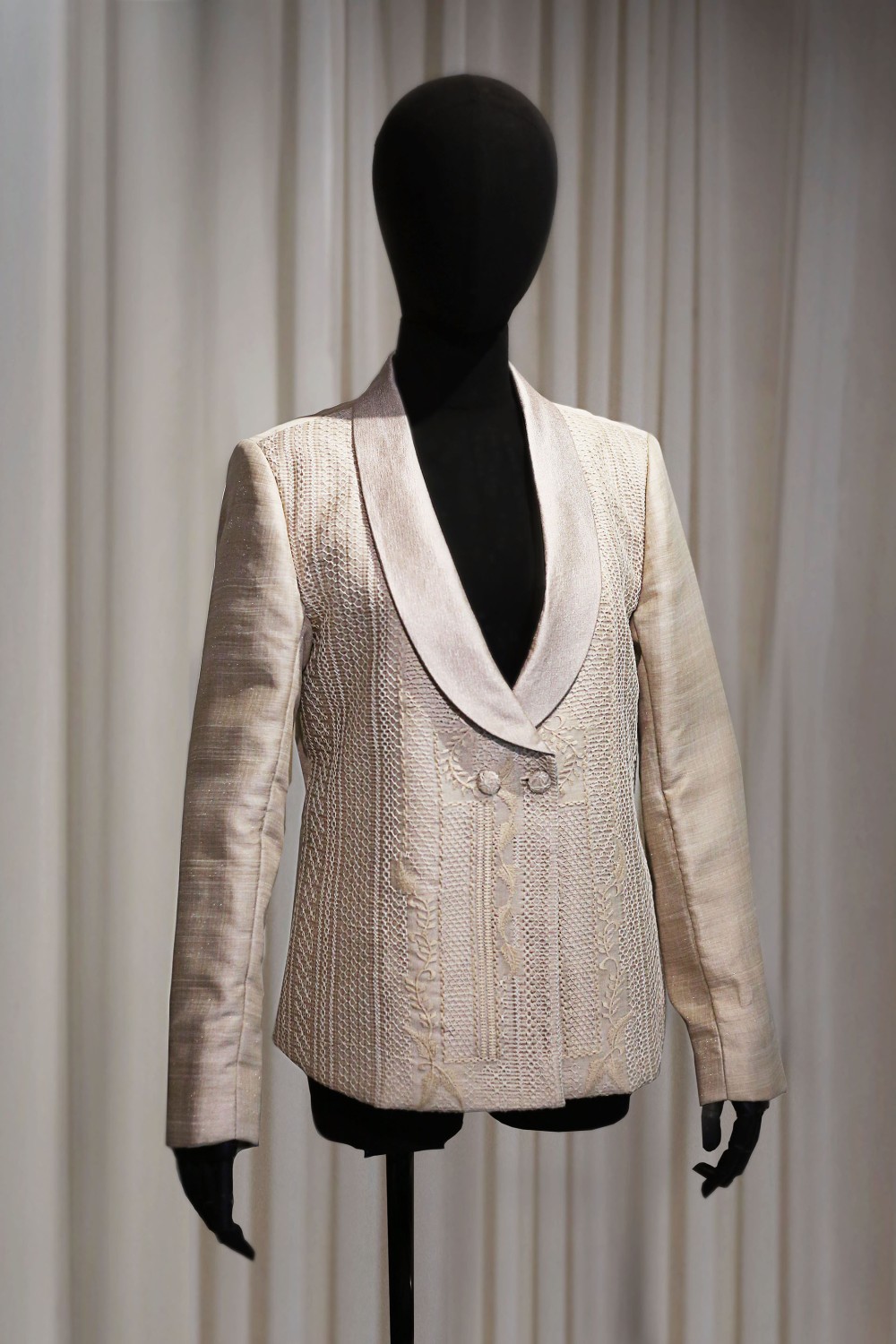 Calado style barong in pi&ntilde;a cocoon silk with hand embroidery and tailored wedding construction