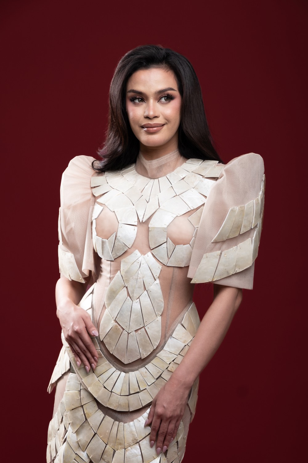 Fatima Alsowyed in Capiz Shell Filipiniana Gown Fatima Alsowyed, Miss Universe Philippines 2026 participant, wearing a capiz shell Filipiniana gown by Josip Tumapa