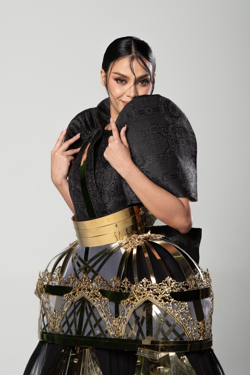 Filipiniana Terno Portrait with Structured Sleeve Filipiniana terno portrait with black textured sleeve and gold structured skirt by Josip Tumapa